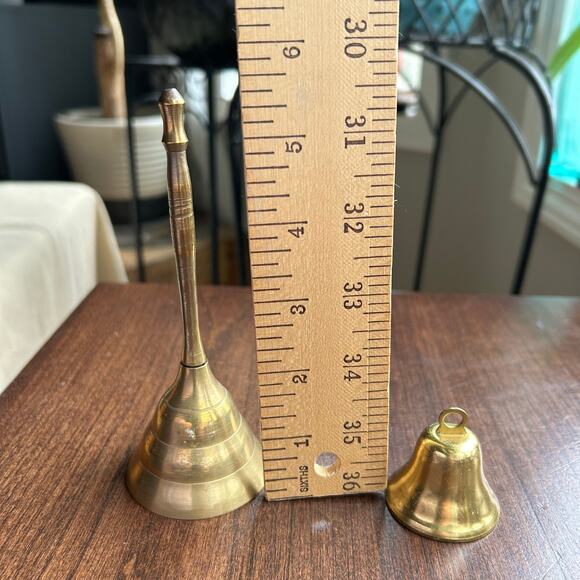 2 Vintage Brass Dinner Bells one w/ long Handle - Picture 7 of 7